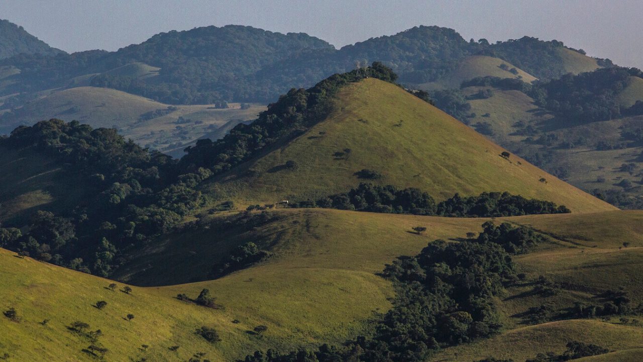Landscape of rolling, green hills.